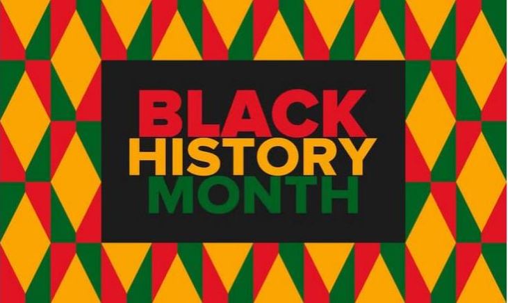  "Black History Month" in red, gold and green text on black rectangle with red, green and gold geometric background